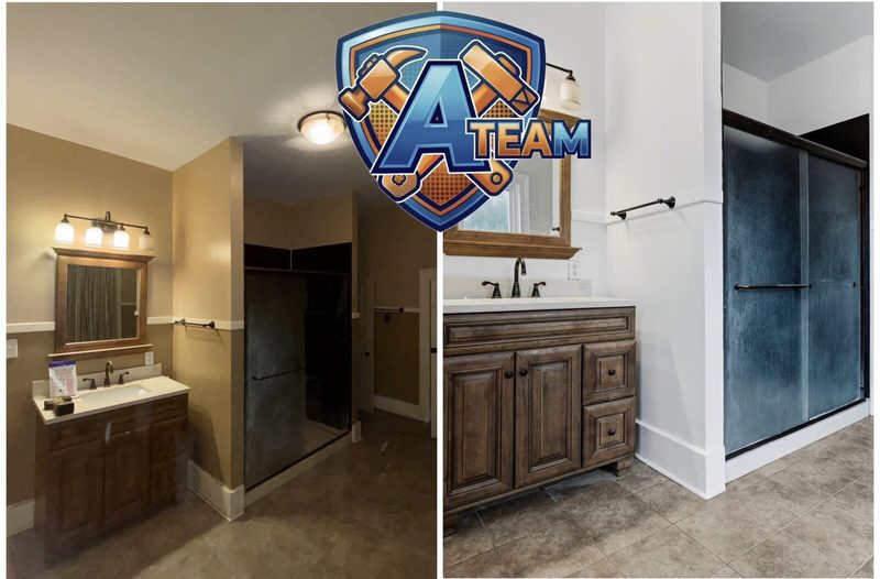 Full bathroom remodel before and after — outdated tan walls and dim lighting transformed to bright modern white and gray finish
