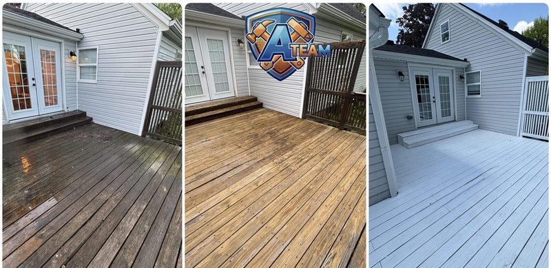 Wood deck transformation in three stages — dirty, cleaned, and finished with fresh white paint