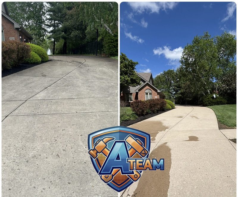 Tipp City driveway before and after pressure washing by A-Team Contracting