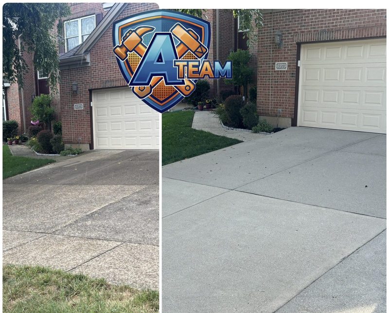 Concrete driveway before and after pressure washing — dirt and stains removed to reveal clean light gray surface