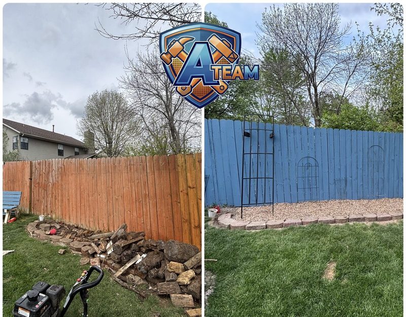 Backyard fence restoration before and after — worn wood fence cleaned, repaired, and painted bright blue with new landscaping