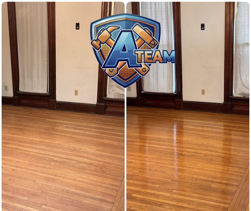 Hardwood floor refinishing before and after — dull oak floor sanded and refinished to high gloss shine