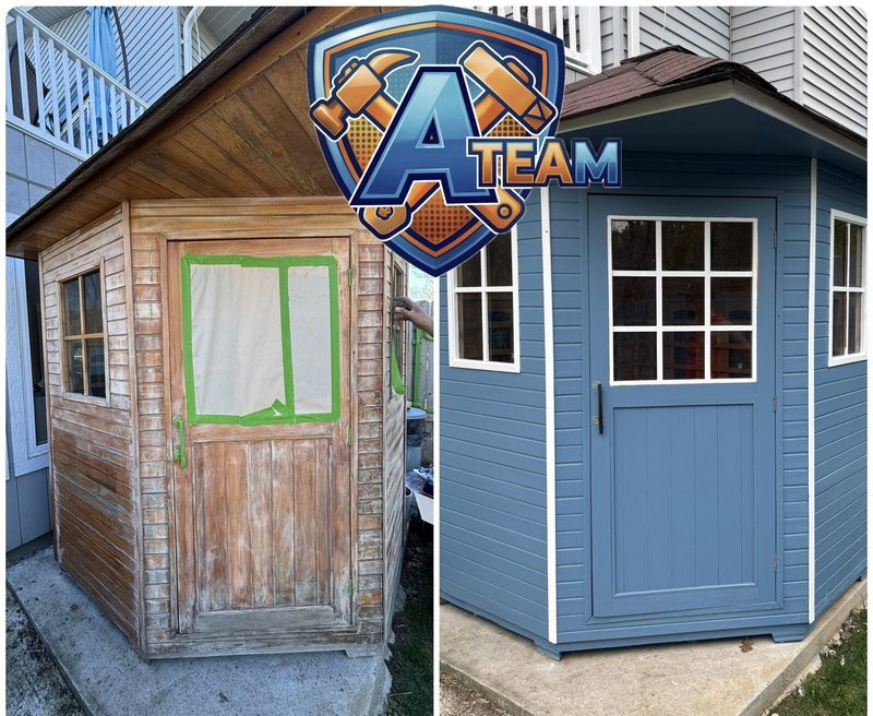 Wooden shed restoration before and after — worn natural wood prepped and repainted with blue siding and white trim