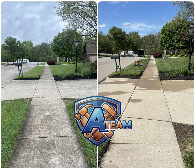 Side-by-side comparison of a neighborhood sidewalk before and after pressure washing by A-Team Contracting