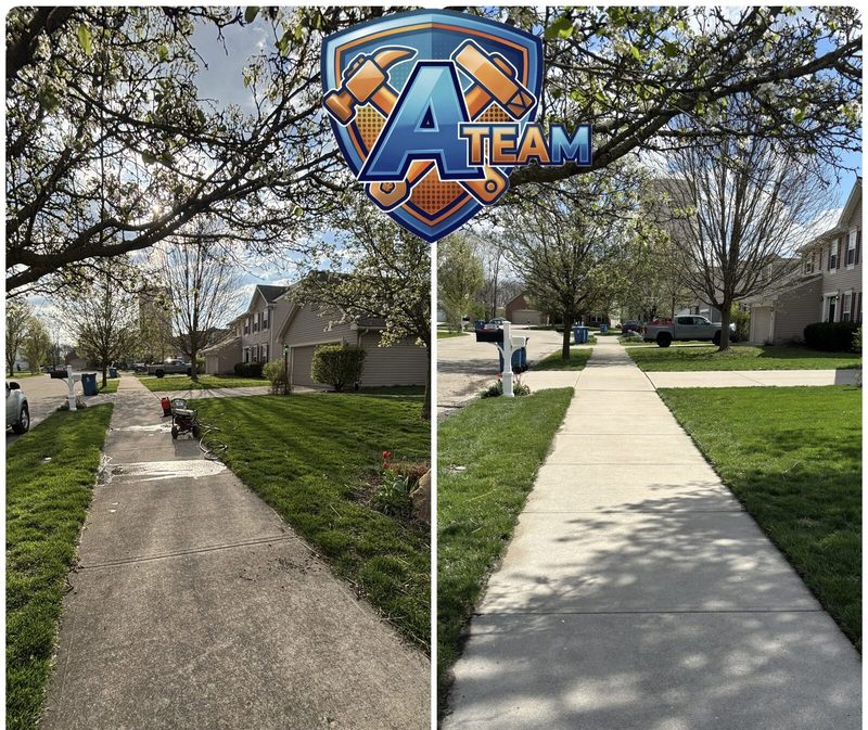 Neighborhood sidewalk pressure washing before and after — dirt, mildew and stains removed