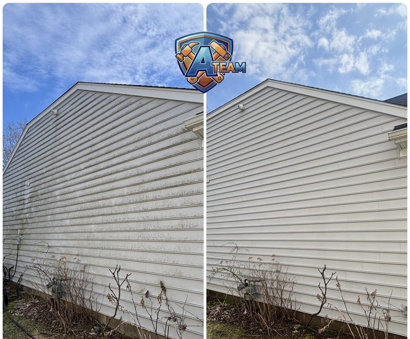 Home siding soft wash before and after — green algae and mildew removed from vinyl siding