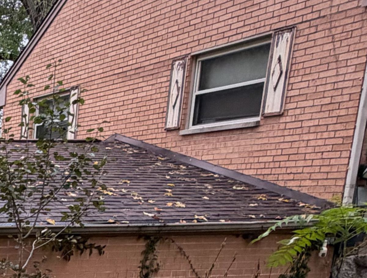 The same lower shingle roof section in Beavercreek with the moss gone after a soft wash, a few fall leaves on the shingles