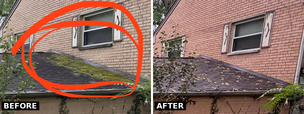 Before and after: green moss on a lower asphalt shingle roof against a brick wall, then the same roof section clean after an A Team soft wash in Beavercreek, Ohio