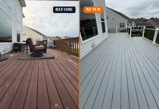 Deck floor stripped and stained before and after in the Miami Valley, Ohio by A Team Contracting