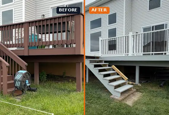 Whole deck restore with new railing and stairs before and after in the Miami Valley, Ohio by A Team Contracting