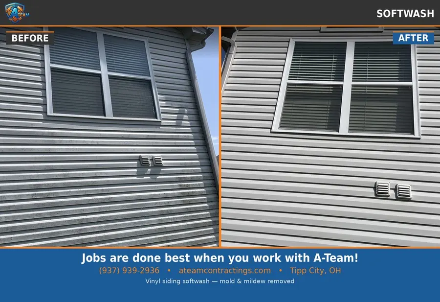 Vinyl siding soft washing &mdash; Miami Valley, Ohio, before and after