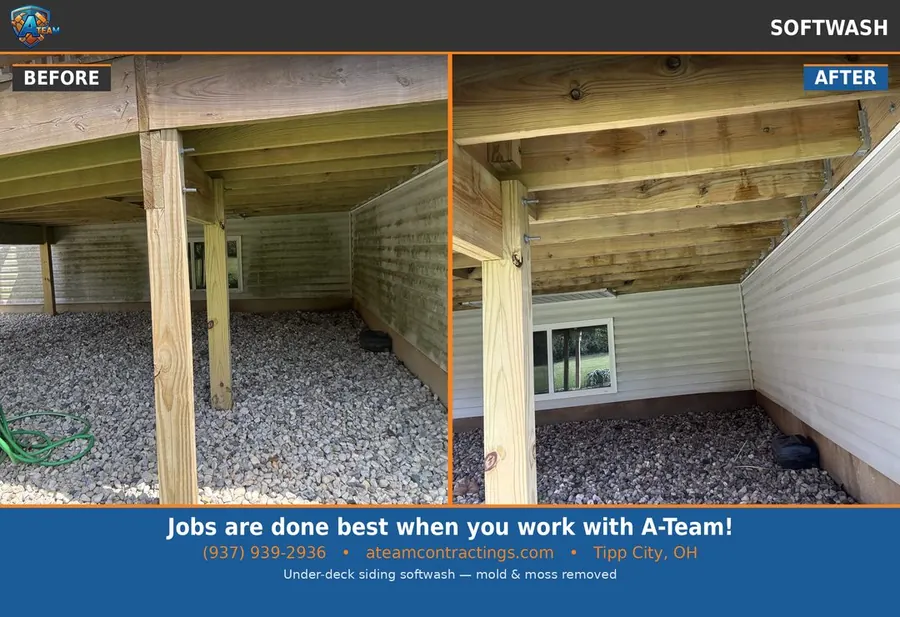 Brick house exterior soft washing &mdash; Miami Valley, Ohio, before and after