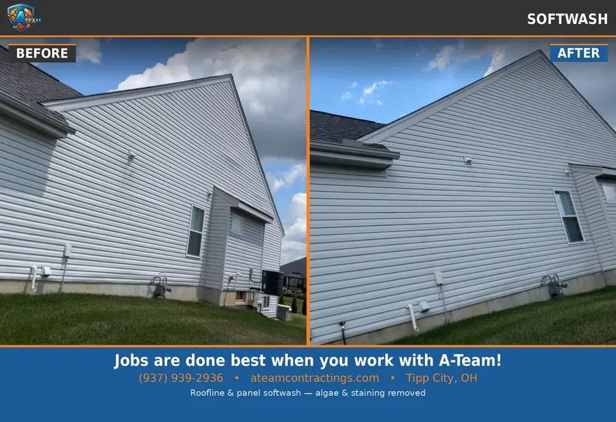 Roofline and panel soft washing before and after — Tipp City, Ohio