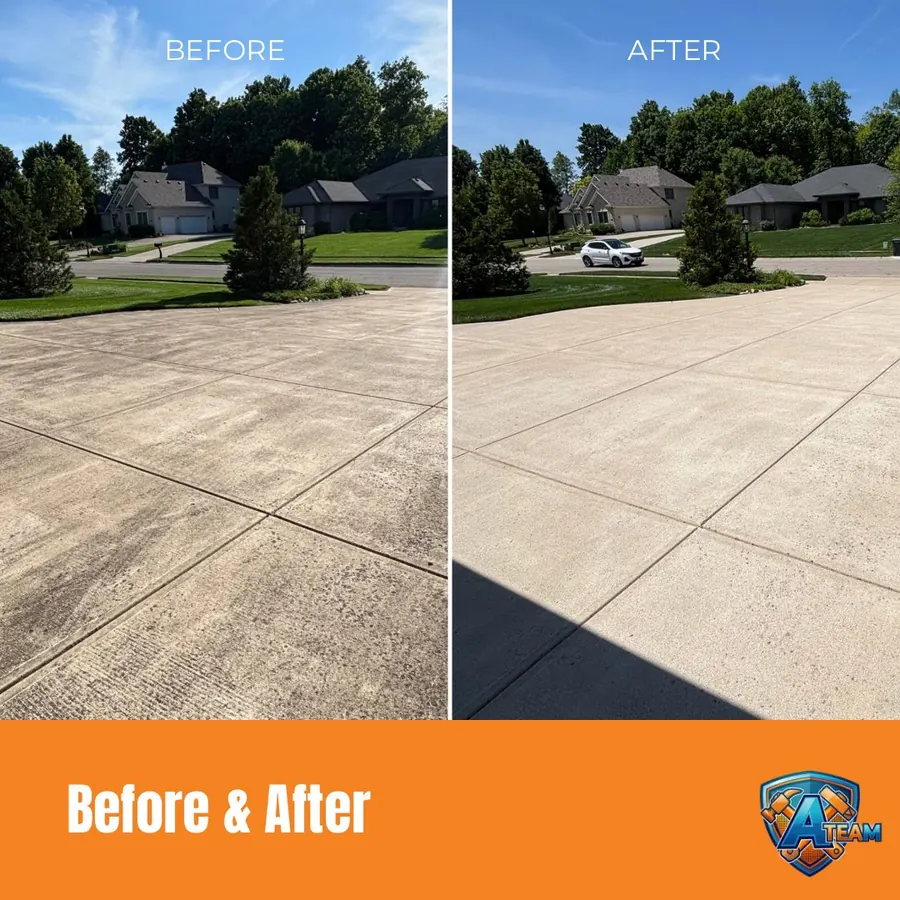 Large concrete lot pressure washing before and after — Beavercreek, Ohio
