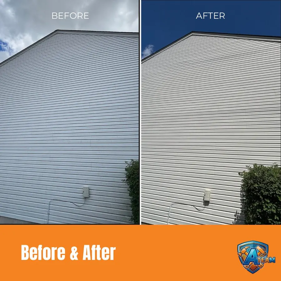 Commercial building siding soft washing before and after — Huber Heights, Ohio