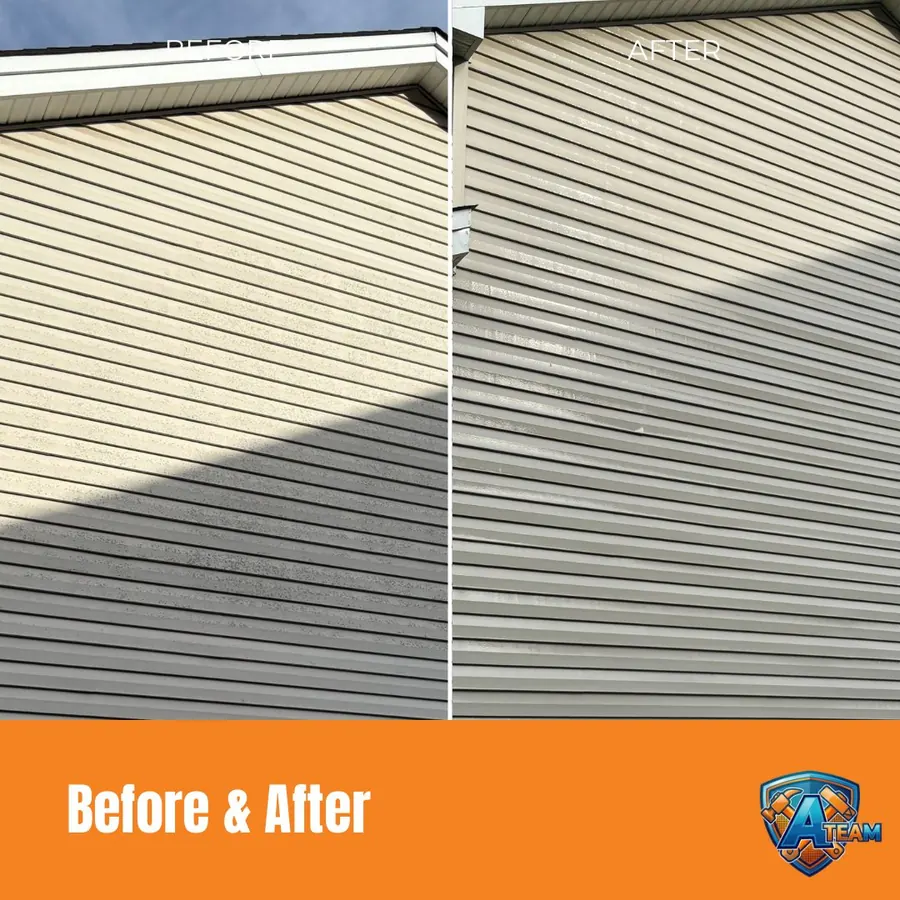 Vinyl siding close-up before and after soft washing — Tipp City, Ohio