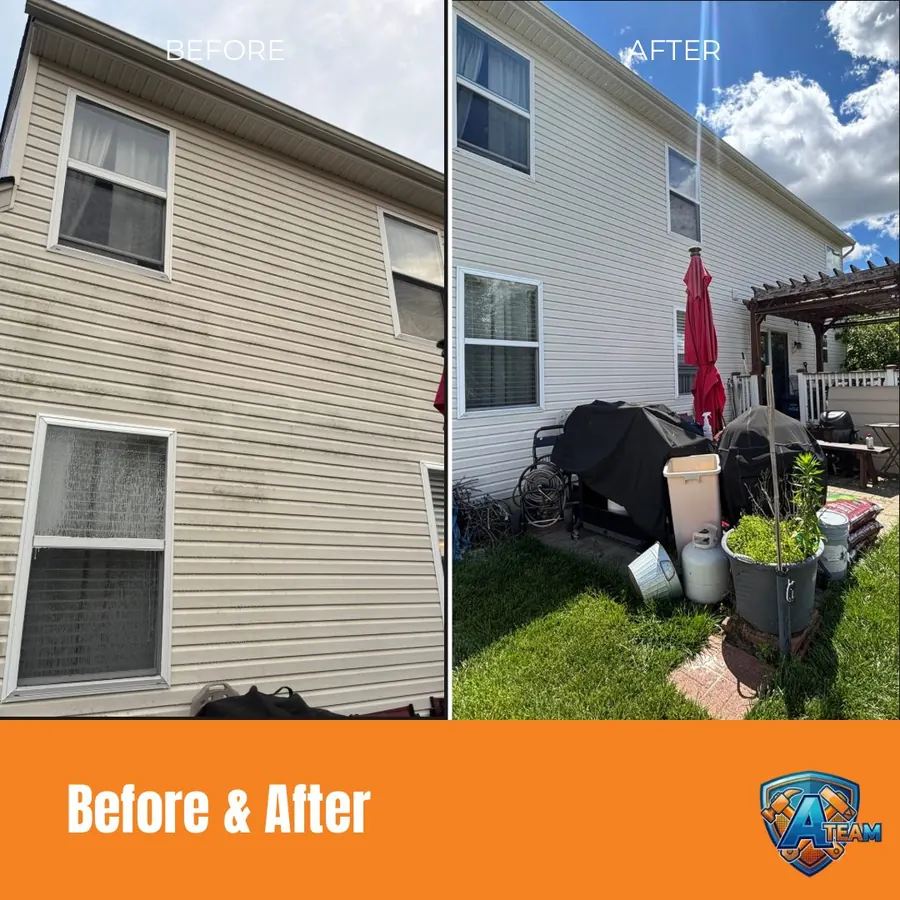 Two-story siding soft washing before and after — Springboro, Ohio