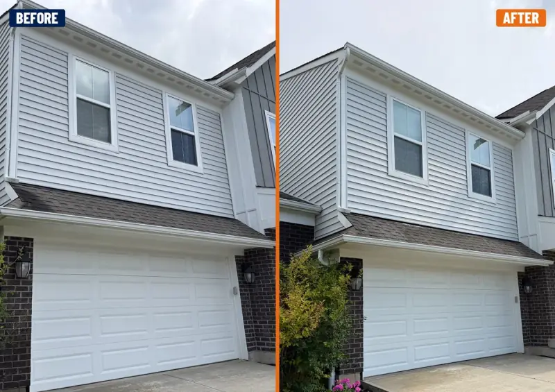 Eaves, soffit and siding soft wash above a garage roof, before and after — Miami Valley, Ohio