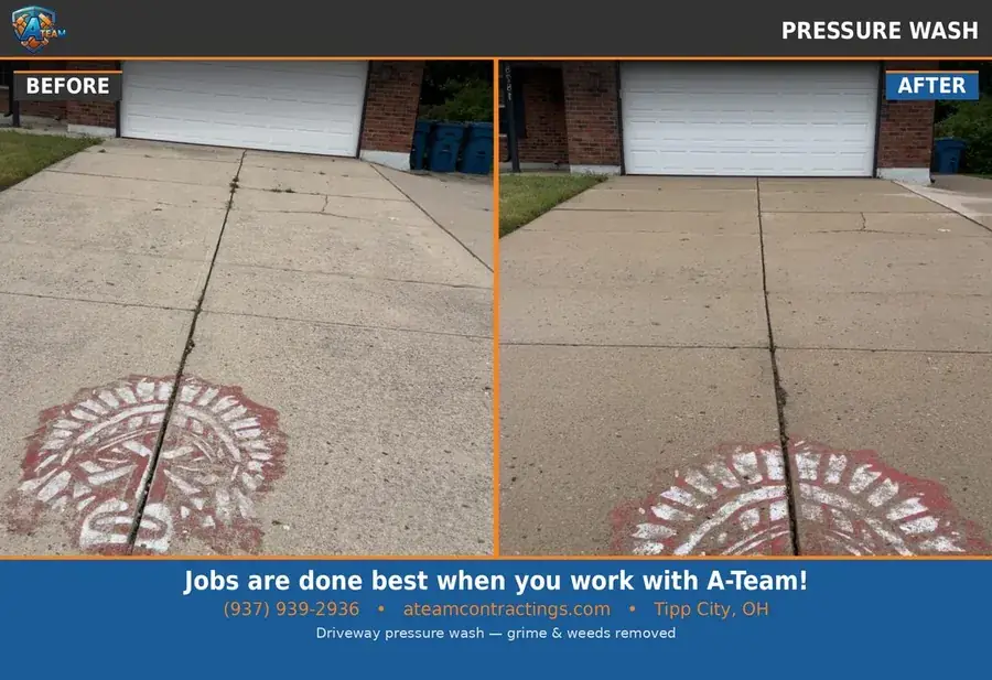 Tipp City driveway before and after pressure washing by A Team Contracting