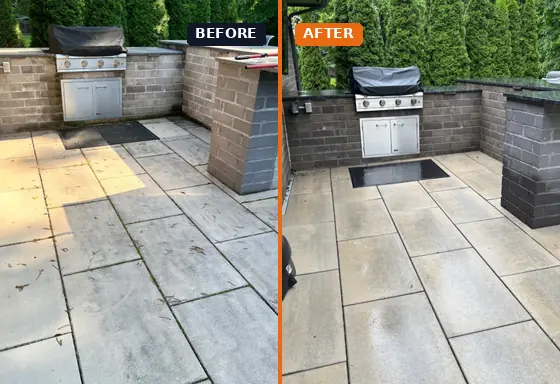 Paver patio and outdoor kitchen pressure washing before and after in Centerville, Ohio by A Team Contracting