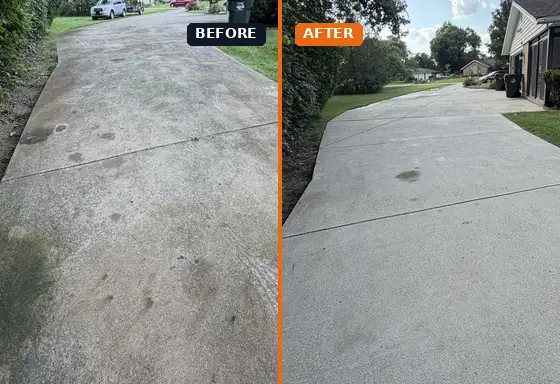 Long concrete driveway pressure washing before and after in Kettering, Ohio by A Team Contracting